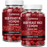 Gommes Lunessa riz rouge CoQ10 en bouteille, pratique pour une routine quotidienne.