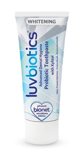 Dentifrice probiotiques Luv Biotics, emballage visible, haleine fraîche au quotidien.
