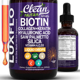 LuxFlo gouttes biotine — flacon et compte-gouttes, soutien potentiel cheveux et peau.