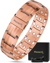 Bracelet MagnetRX en cuivre montrant la puissance 3x des aimants pour confort quotidien potentiel.