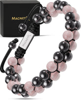 Bracelet MagnetRX hématite et quartz rose, gros plan sur les perles élégantes pour le quotidien.