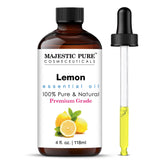 Huile essentielle citron Majestic Pure dans bouteille ambrée avec compte-gouttes pour diffusion précise.