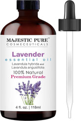 Huile essentielle Majestic Pure lavande dans bouteille ambrée avec dropper pour diffusion précise.
