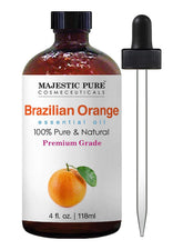 Majestic Pure huile orange brésilienne dans une bouteille ambrée prête à diffuser.