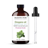 Majestic Pure huile d'origan dans flacon ambré avec pipette pour dosage précis.