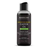 Huile ricin noire jamaïcaine Majestic Pure en bouteille, hydratation pour cheveux.