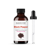 Huile essentielle Majestic Pure Poivre Noir dans flacon verre ambré avec pipette pour dosage précis.