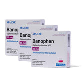 MAJOR Banophen mini-tabs — flacon visible, soulagement temporaire des symptômes allergiques possibles.