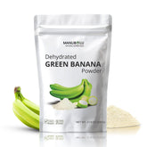 Manubolu Poudre Banane Verte dans sac ouvert, pratique pour smoothies riches en fibres.