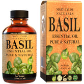Mary Tylor Naturals huile essentielle basilic — bouteille ambrée et goutteur pour aromathérapie.