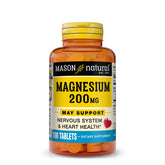 Mason Natural magnésium 200 mg : bouteille et tablettes pour le soutien musculaire.