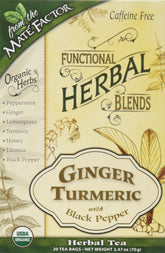 Sachets Maté Factor gingembre-curcuma-poivre noir, prêt à infuser pour une pause réconfortante.