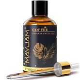 Huiles parfum café MAYJAM dans bouteille ambrée pour diffusion durable.
