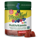 MegaFood Kids Multivitamin Gummies, emballage framboise, soutien quotidien pour la croissance et l'immunité.