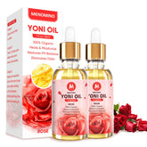 Huile Yoni MENOMINO Rose dans une bouteille compacte, hydratation douce pour la zone intime.