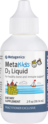 MetaKids D3 de Metagenics, gouttes pour enfant, soutien des os et du système immunitaire possible.