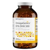 Metagenics OmegaGenics EPA-DHA 500 – bouteille sur fond clair, soutien potentiel à la santé cardiovasculaire.