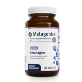 Metagenics Serenagen – bouteille et comprimés visibles, soutien potentiel à la gestion du stress.