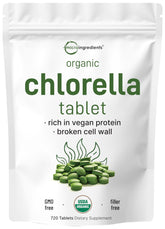 Micro Ingredients chlorelle: bouteille de comprimés, source naturelle de protéines végétales et vitamines.