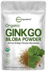 Micro Ingredients Ginkgo Biloba en poudre biologique emballage pratique et dosage précis.
