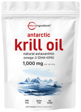 Micro Ingredients huile krill antarctique 1000mg, bouteille prête à l’emploi, dosage pratique.