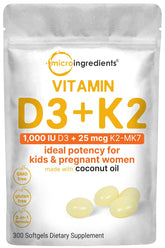 Gélules Micro Ingredients vitamine D3 + K2 MK-7 en bouteille, soutien immunitaire potentiel.