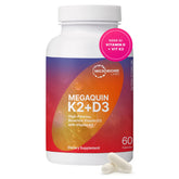 MegaQuin D3 + K2 de Microbiome Labs : bouteille affichant les capsules et le potentiel soutien osseux.
