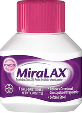MiraLAX dans son emballage 7 jours, usage pratique au quotidien.
