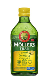 Flacon Möller’s Tran huile foie morue citron, riche en oméga-3 pour le quotidien.