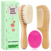 Molylove brosse bébé avec poignée en bois, massage doux du cuir chevelu sensible.