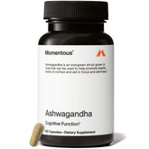 Momentous Ashwagandha: la bouteille montre l'emballage et ouvre sur une concentration potentielle.