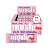 Barre MOSH framboise et chocolat blanc, croquant énergisant pour la journée.