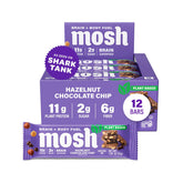 Barre MOSH végan noisette pepites chocolat emballage, snack pratique pour énergie durable.