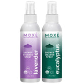 MOXE Shower Mist lavande-eucalyptus, bouteille: aromathérapie apaisante pendant la douche.