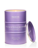 Bougie M&SENSE eucalyptus lavande dans emballage cadeau, parfum apaisant prêt à offrir.
