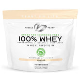 Muscle Feast protéine whey vanille: pot 5 lb, texture crémeuse prête à mélanger.