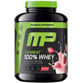 MusclePharm Combat Whey Fraise Crème, bouteille montrée, récupération musculaire renforcée.