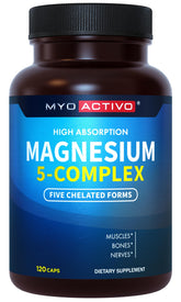 MyoActivo 5-en-1 Magnésium Complex - bouteille, soutien quotidien et absorption potentielle.
