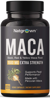 Natgrown Maca poudre bouteille 1500 mg, dose pratique quotidienne.