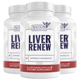 Liver Renew de Nation Health MD, bouteille sur comptoir, soutien du foie envisagé.
