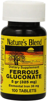 Nature's Blend gluconate ferreux 324 mg, comprimés visibles, utilisation quotidienne possible.