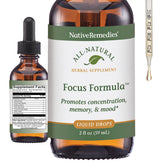Native Remedies Focus Formula – bouteille en gros plan, soutien potentiel à la concentration au quotidien.