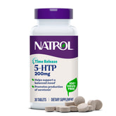 Natrol 5-HTP, bouteille-tablettes montrant le format et le dosage pour une humeur équilibrée au quotidien.