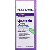 Natrol Mélatonine 10 mg, bouteille, peut favoriser un endormissement plus rapide.