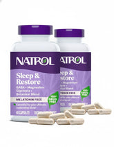 Natrol Sleep & Restore: bouteille de capsules montrant le dosage de magnésium glycinate pour le sommeil