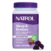 Gommes Natrol Sleep & Restore saveur cerise sur bouteille, soutien potentiel au sommeil.