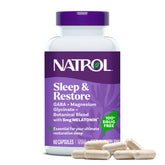 Natrol Sleep & Restore, bouteille visible, soutien au sommeil réparateur.