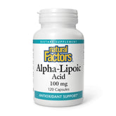 Natural Factors Acide Alpha-Lipoïque 100 mg – bouteille vue de face, soutien antioxydant potentiel.