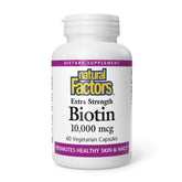 Natural Factors Biotin 10000 µg, bouteille, soutien potentiel cheveux et ongles.