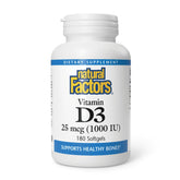 Natural Factors D3 1000 UI – bouteille de comprimés faciles à avaler pour l'apport quotidien.
